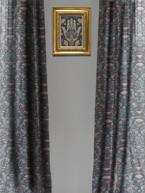 Sheer curtain panel featuring repeating teal hamsa hands with blush pink floral elements on dark gray background. Linen-textured polyester fabric allows filtered light while providing elegant window covering with protective symbolism for bohemian or vintage decor.
