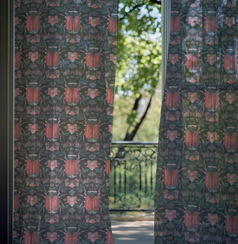 Sheer curtain panel featuring symmetrical pattern of coral-colored scarab beetles with detailed wings, surrounded by pale botanical elements on a dark green/black background. The translucent fabric filters light while displaying entomological motifs in vintage Victorian style.