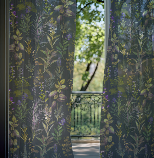 Sheer curtain panel featuring an intricate vertical pattern of wild botanicals including purple flowers, golden leaves, and silvery fronds against a dark charcoal background. The design shows detailed herbarium-style illustrations.