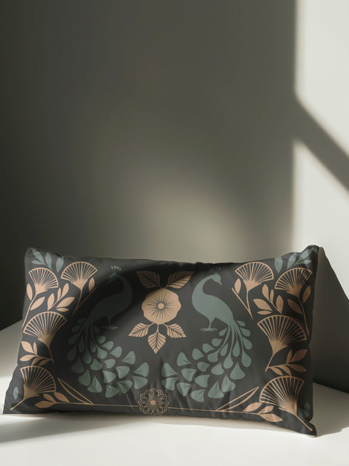 Black pillowcase cover with an Art Deco-style peacock and floral motif in green and muted gold, featuring a symmetrical, vintage design.