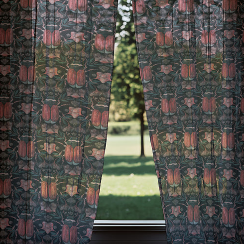 Sheer curtain panel featuring symmetrical pattern of coral-colored scarab beetles with detailed wings, surrounded by pale botanical elements on a dark green/black background. The translucent fabric filters light while displaying entomological motifs in vintage Victorian style.