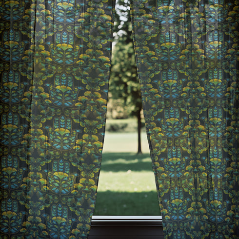 Sheer curtain panel featuring repeating pattern of golden yellow ginkgo leaves with teal hamsa-shaped botanicals on dark background. Linen-textured polyester fabric filters light while providing elegant window covering with protective botanical symbolism.