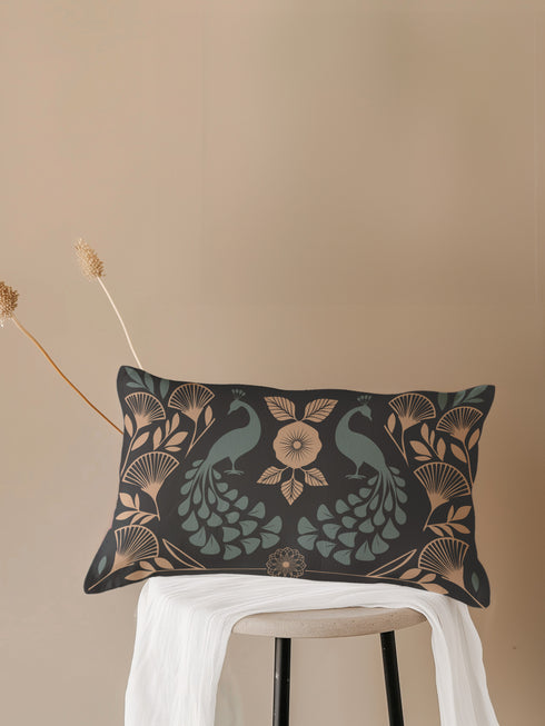 Black pillowcase cover with an Art Deco-style peacock and floral motif in green and muted gold, featuring a symmetrical, vintage design.
