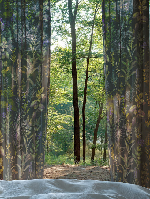 Sheer curtain panel featuring an intricate vertical pattern of wild botanicals including purple flowers, golden leaves, and silvery fronds against a dark charcoal background. The design shows detailed herbarium-style illustrations.