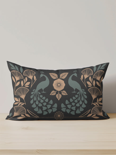Black pillowcase cover with an Art Deco-style peacock and floral motif in green and muted gold, featuring a symmetrical, vintage design.
