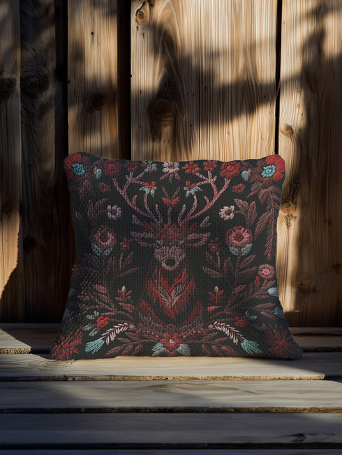Woven throw pillow featuring an embroidered stag with antlers entwined in red and teal florals, set against a black background.