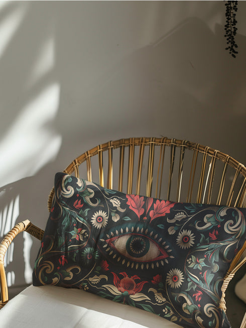 Black lumbar pillow cover featuring an ornate evil eye design with detailed floral motifs in red, cream, and green, framed by gold accents.