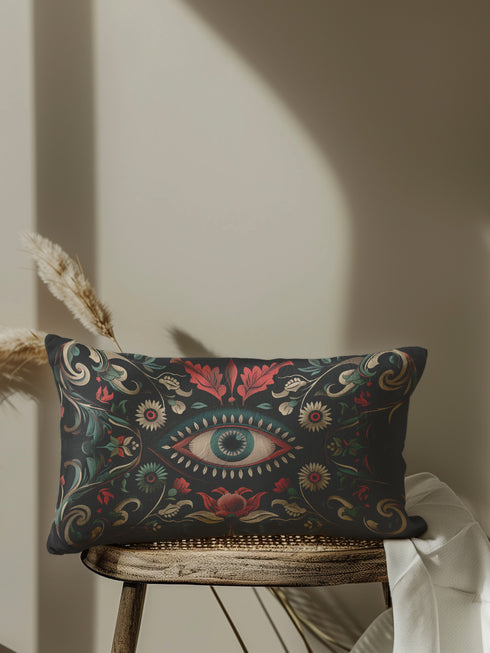 Black lumbar pillow cover featuring an ornate evil eye design with detailed floral motifs in red, cream, and green, framed by gold accents.
