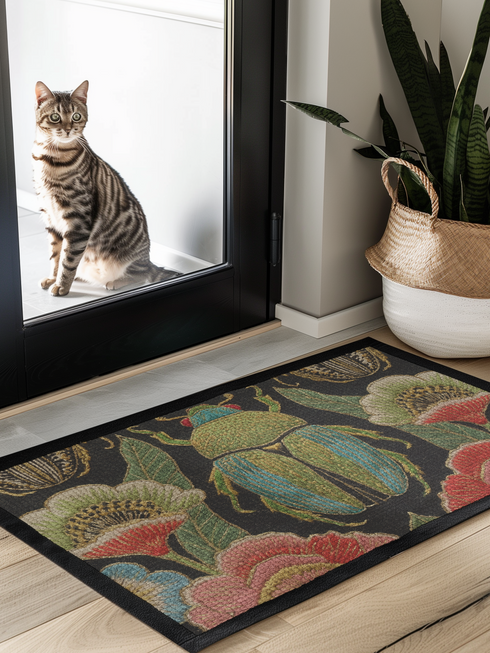 A rectangular doormat featuring a high-fidelity faux embroidery print on a solid black background. The central design is a large, detailed green and teal scarab beetle. It is surrounded by vibrant, flat-printed botanical motifs including large pink, red, and light blue flowers, green foliage, and pale gold-toned seed pods. The mat features a black fabric trim around the edges. The colorful print creates a 2D trompe-l'œil illusion of raised tapestry needlework on a smooth polyester surface.
