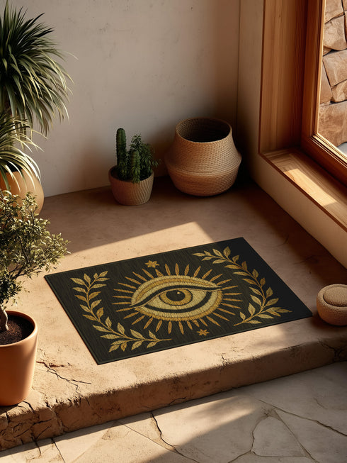 Woven 24x36 inch evil eye doormat in black and gold, featuring a central embroidered eye surrounded by sun rays and olive branches, made of 100% polyester chenille with a non-slip backing, designed for mystical or gothic home decor.