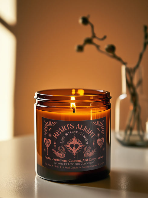A 9 oz amber glass candle featuring a black label with rose gold art depicting hearts and swans. The label reads "Hearts Alight" and lists cardamom, coconut, and lemon fragrance notes. A cotton wick burns at the center.