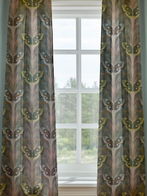 Sheer curtain panel featuring an alternating pattern of golden yellow and silver-gray moths arranged in vertical columns against a dusky background, with delicate rose-gold botanical details connecting each specimen.