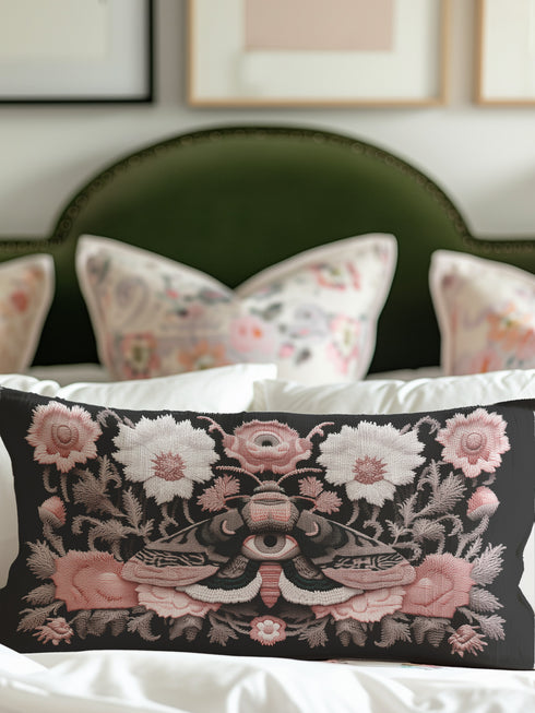 Gothic moth eye botanical lumbar pillow with mystical embroidered wings on dark fabric. Cottagecore throw pillow featuring protective moth symbol surrounded by pink roses, white wildflowers & sacred botanicals. Witchy home decor with medieval tapestry aesthetic. Perfect for dark academia spaces, bohemian decor & occult art lovers. 20x12 lumbar size.