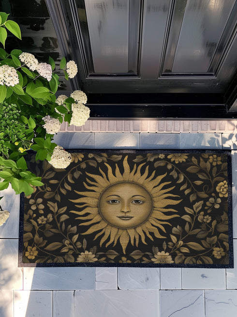 Handcrafted celestial doormat featuring an antique gold sun face with knowing eyes, surrounded by botanical motifs against a deep charcoal background with elegant black trim.