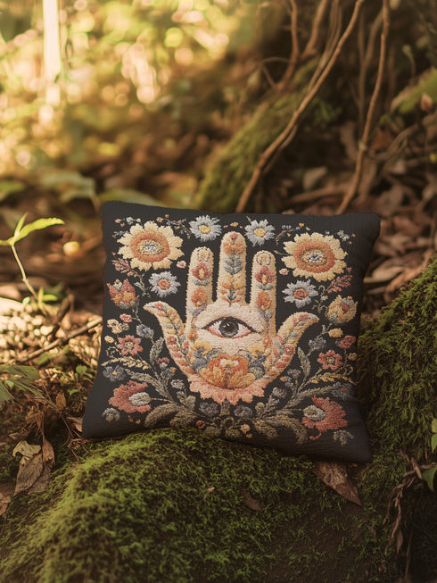 Mystical hamsa hand decorative woven pillow featuring intricate tapestry-style design with protective eye symbol surrounded by delicate floral motifs in warm earth tones including golden amber, soft blues, coral pinks, and sage greens against rich black background, expertly crafted from cotton-polyester blend with fine weaving technique, measuring 17x18 inches, USA-made double-sided throw pillow perfect for bohemian spiritual home decor, meditation spaces, or eclectic living rooms seeking meaningful artisti