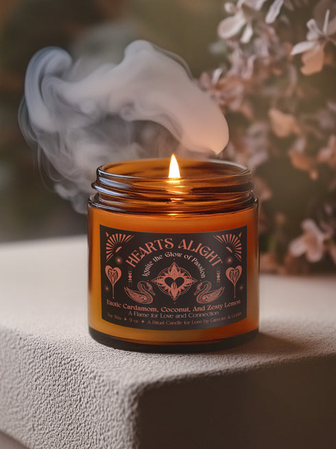 A 9 oz amber glass candle featuring a black label with rose gold art depicting hearts and swans. The label reads "Hearts Alight" and lists cardamom, coconut, and lemon fragrance notes. A cotton wick burns at the center.