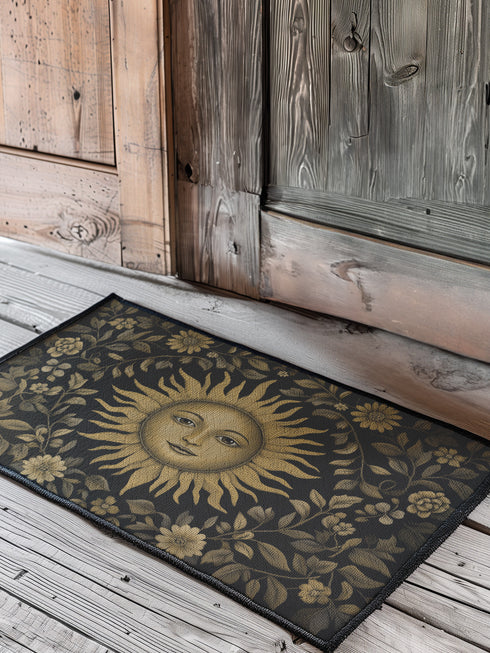 Handcrafted celestial doormat featuring an antique gold sun face with knowing eyes, surrounded by botanical motifs against a deep charcoal background with elegant black trim.