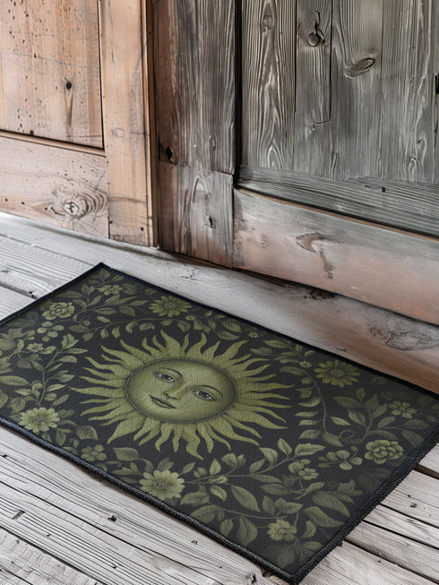 Witchy home décor doormat with an enchanting olive green sun face surrounded by flowing botanicals and foliage on a rich black background, ideal for adding earth-centered mysticism to any entrance.