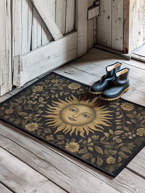 Handcrafted celestial doormat featuring an antique gold sun face with knowing eyes, surrounded by botanical motifs against a deep charcoal background with elegant black trim.