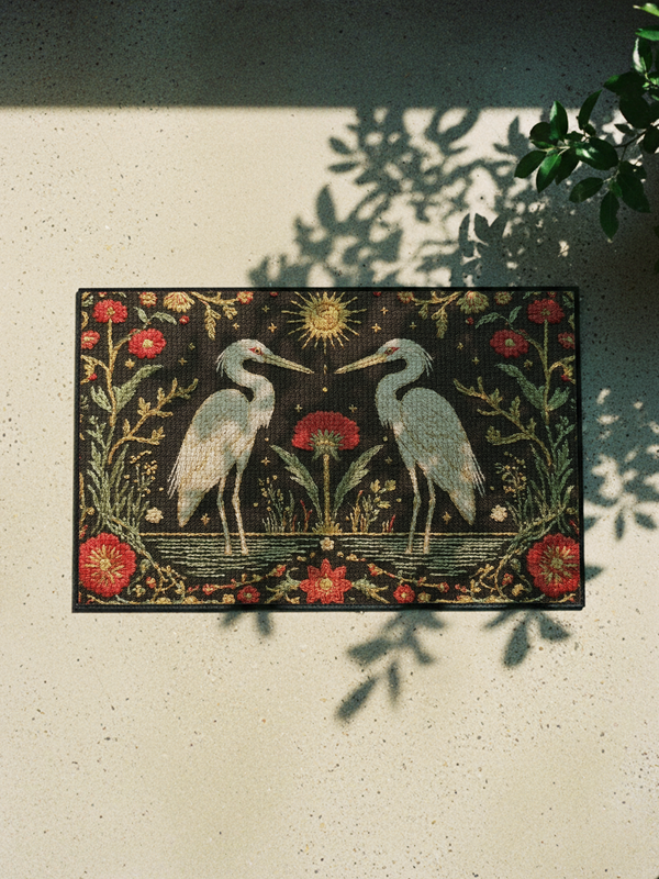 A Grimoire and Goblet rectangular doormat featuring a vintage tapestry design of two white herons facing a central red flower. Above the birds is a golden sun with a face in a celestial style. The background is a dark charcoal with a faux needlepoint texture. The scene is framed by a border of red carnations and green vines in an Arts and Crafts style. The design mimics antique embroidery but is a smooth printed surface with a black trim.