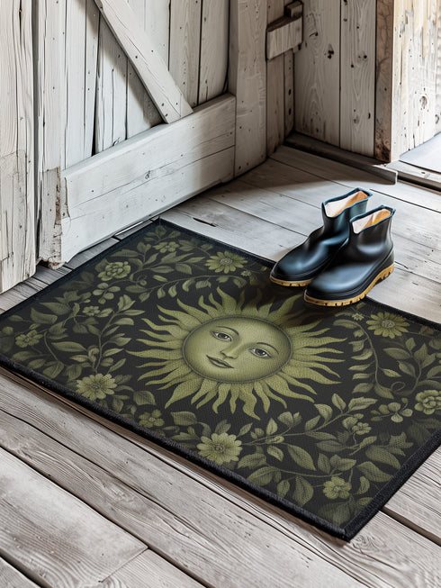 Witchy home décor doormat with an enchanting olive green sun face surrounded by flowing botanicals and foliage on a rich black background, ideal for adding earth-centered mysticism to any entrance.