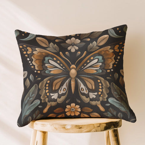 A square decorative pillow featuring an intricately detailed butterfly design in amber, gold, sage green and cream colors against a black background. The butterfly is surrounded by botanical elements with symmetrical floral patterns.