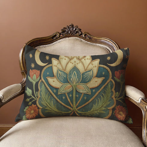 Lotus Lumbar Premium PillowA rectangular lumbar pillow in a dark, moody Art Nouveau style. The design features a large, central lotus flower in cream and teal, set against a deep navy blue background. The lotus is framed by intricate, flowing golden lines characteristic of the Art Nouveau period. On either side of the central flower are golden crescent moons and small stars, creating a celestial theme. The pillow has a visible, tactile texture that resembles a vintage linen or tapestry fabric.