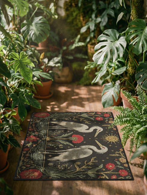 A Grimoire and Goblet rectangular doormat featuring a vintage tapestry design of two white herons facing a central red flower. Above the birds is a golden sun with a face in a celestial style. The background is a dark charcoal with a faux needlepoint texture. The scene is framed by a border of red carnations and green vines in an Arts and Crafts style. The design mimics antique embroidery but is a smooth printed surface with a black trim.