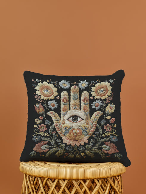 Mystical hamsa hand decorative woven pillow featuring intricate tapestry-style design with protective eye symbol surrounded by delicate floral motifs in warm earth tones including golden amber, soft blues, coral pinks, and sage greens against rich black background, expertly crafted from cotton-polyester blend with fine weaving technique, measuring 17x18 inches, USA-made double-sided throw pillow perfect for bohemian spiritual home decor, meditation spaces, or eclectic living rooms seeking meaningful artisti
