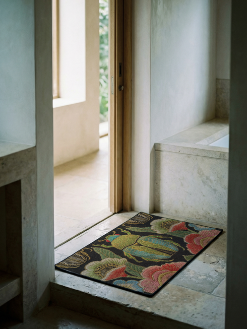 A rectangular doormat featuring a high-fidelity faux embroidery print on a solid black background. The central design is a large, detailed green and teal scarab beetle. It is surrounded by vibrant, flat-printed botanical motifs including large pink, red, and light blue flowers, green foliage, and pale gold-toned seed pods. The mat features a black fabric trim around the edges. The colorful print creates a 2D trompe-l'œil illusion of raised tapestry needlework on a smooth polyester surface.