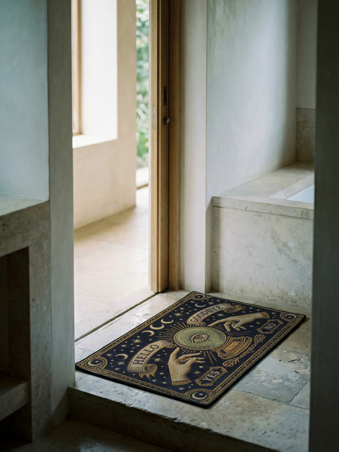 Grimoire and Goblet witchy doormat featuring a deep navy background with antique gold faux embroidered design of a crystal ball with central eye, surrounded by crescent moons, stars, and pointing hands, with ornate border and banner details, rectangular entryway rug with black trim and non-slip backing, mystical occult home decor mat for indoor or covered outdoor use