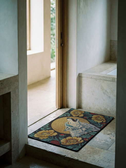 Grimoire and Goblet rectangular doormat featuring a faux embroidery style printed design of a howling wolf with blue and ivory fur, centered in front of a textured antique gold circular moon disc, surrounded by large golden yellow flowers, teal leaves, and small red berry accents on a dark charcoal background. Entryway rug with black trim, non slip backing, and botanical nature inspired mystical design.