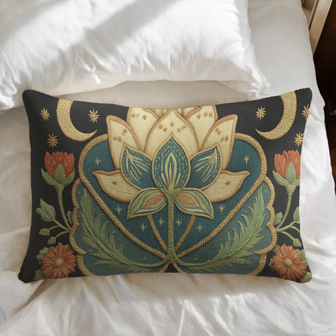 Lotus Lumbar Premium PillowA rectangular lumbar pillow in a dark, moody Art Nouveau style. The design features a large, central lotus flower in cream and teal, set against a deep navy blue background. The lotus is framed by intricate, flowing golden lines characteristic of the Art Nouveau period. On either side of the central flower are golden crescent moons and small stars, creating a celestial theme. The pillow has a visible, tactile texture that resembles a vintage linen or tapestry fabric.