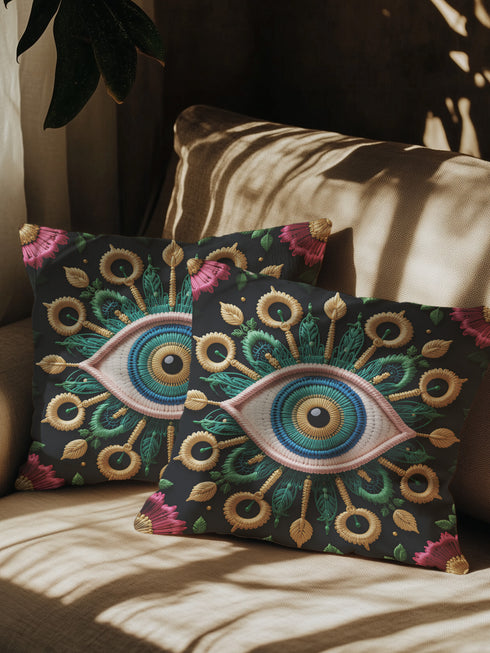 Square throw pillow cover featuring an intricate embroidered-style all-seeing eye motif at center, surrounded by ornate golden sunflowers, green foliage, and mystical botanical elements on a matte black background. Luxe linen-feel polyester fabric, hidden zipper, double-sided print, available in 18x18 or 22x22 inch sizes.