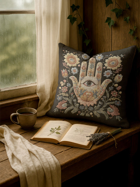 Mystical hamsa hand decorative woven pillow featuring intricate tapestry-style design with protective eye symbol surrounded by delicate floral motifs in warm earth tones including golden amber, soft blues, coral pinks, and sage greens against rich black background, expertly crafted from cotton-polyester blend with fine weaving technique, measuring 17x18 inches, USA-made double-sided throw pillow perfect for bohemian spiritual home decor, meditation spaces, or eclectic living rooms seeking meaningful artisti