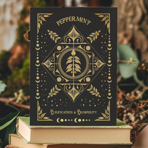 Peppermint-themed holiday ritual card featuring a gold-stylized peppermint design with celestial and ornate accents on the front and an inside message highlighting peppermint's historical significance and its use in rituals for purification and prosperity, including steps for New Year's practices.