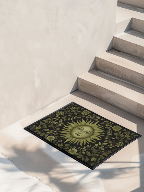 Witchy home décor doormat with an enchanting olive green sun face surrounded by flowing botanicals and foliage on a rich black background, ideal for adding earth-centered mysticism to any entrance.