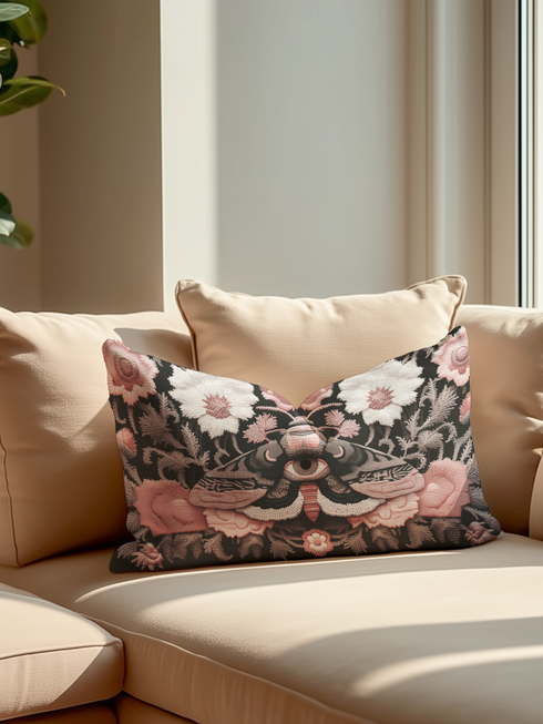 Gothic moth eye botanical lumbar pillow with mystical embroidered wings on dark fabric. Cottagecore throw pillow featuring protective moth symbol surrounded by pink roses, white wildflowers & sacred botanicals. Witchy home decor with medieval tapestry aesthetic. Perfect for dark academia spaces, bohemian decor & occult art lovers. 20x12 lumbar size.
