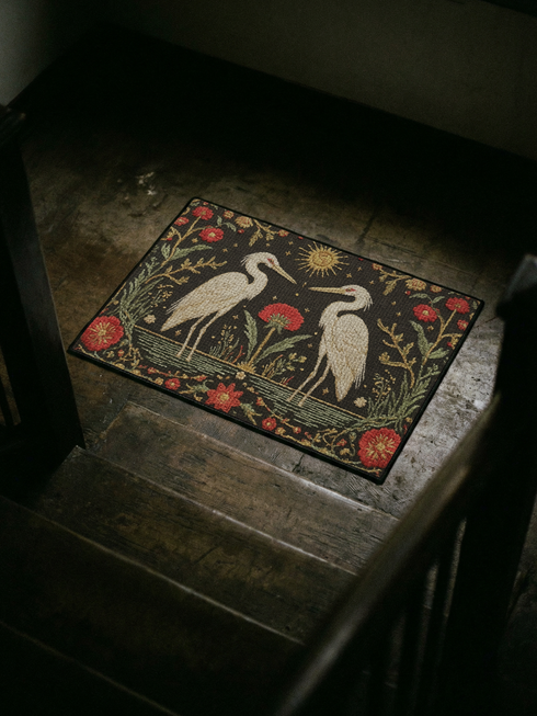 Heron Bird & Sun Tapestry Style Doormat - Dark Cottagecore Entryway Rug