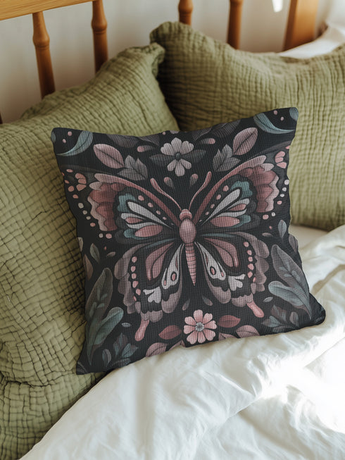 A square decorative pillow featuring an intricately detailed butterfly design in rose pink, blush, and silver-grey colors against a black background. The butterfly is surrounded by botanical elements with symmetrical floral patterns.