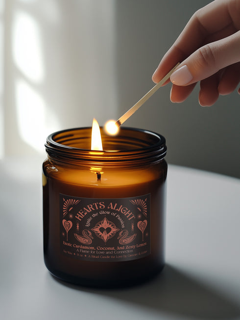 A 9 oz amber glass candle featuring a black label with rose gold art depicting hearts and swans. The label reads "Hearts Alight" and lists cardamom, coconut, and lemon fragrance notes. A cotton wick burns at the center.