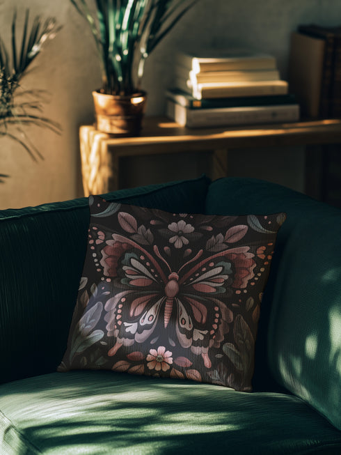 A square decorative pillow featuring an intricately detailed butterfly design in rose pink, blush, and silver-grey colors against a black background. The butterfly is surrounded by botanical elements with symmetrical floral patterns.
