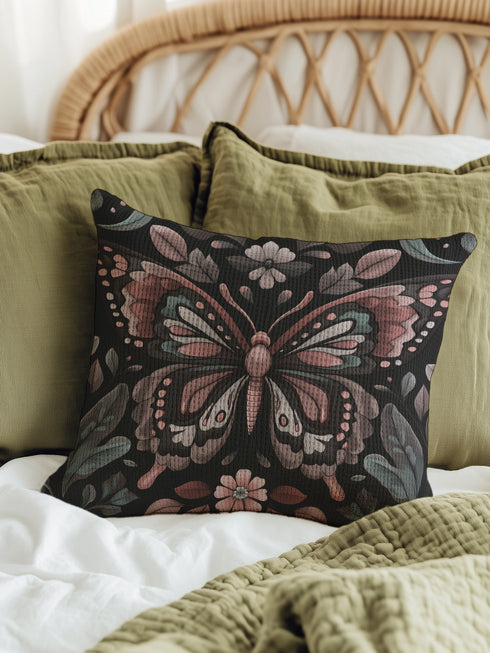 A square decorative pillow featuring an intricately detailed butterfly design in rose pink, blush, and silver-grey colors against a black background. The butterfly is surrounded by botanical elements with symmetrical floral patterns.