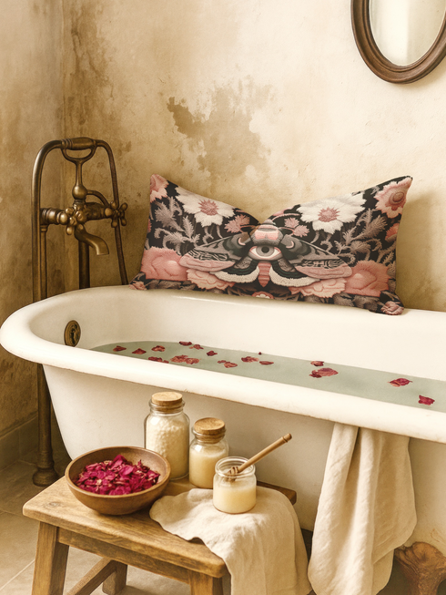 Gothic moth eye botanical lumbar pillow with mystical embroidered wings on dark fabric. Cottagecore throw pillow featuring protective moth symbol surrounded by pink roses, white wildflowers & sacred botanicals. Witchy home decor with medieval tapestry aesthetic. Perfect for dark academia spaces, bohemian decor & occult art lovers. 20x12 lumbar size.