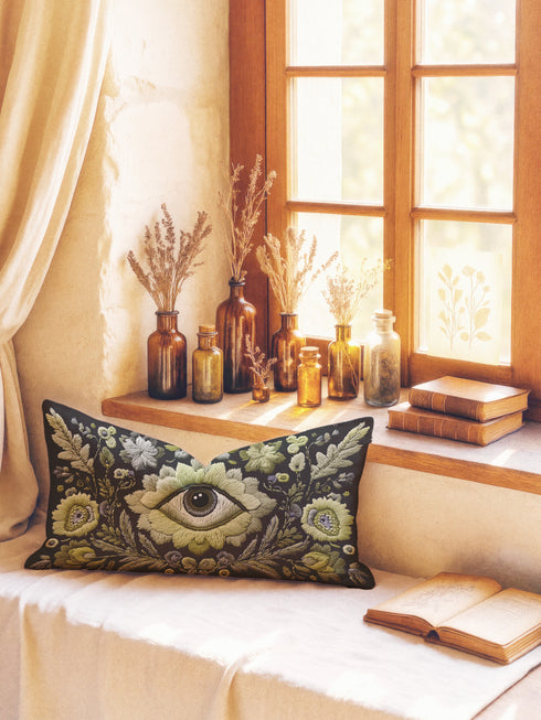 All-seeing eye botanical lumbar pillow with mystical herbal embroidery on dark navy fabric. Gothic cottagecore throw pillow featuring protective third eye symbol surrounded by sage botanicals, oak leaves & wildflowers. Witchy home decor with medieval tapestry aesthetic. Perfect for bohemian spiritual spaces, pagan decor & occult art lovers. 20x12 lumbar size.