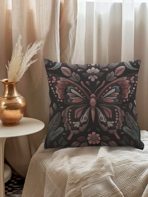 A square decorative pillow featuring an intricately detailed butterfly design in rose pink, blush, and silver-grey colors against a black background. The butterfly is surrounded by botanical elements with symmetrical floral patterns.