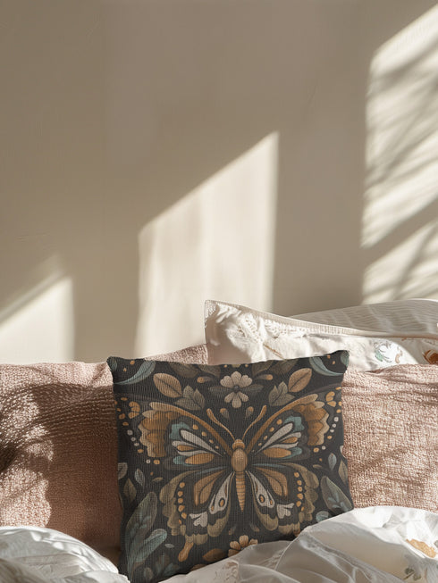 A square decorative pillow featuring an intricately detailed butterfly design in amber, gold, sage green and cream colors against a black background. The butterfly is surrounded by botanical elements with symmetrical floral patterns.