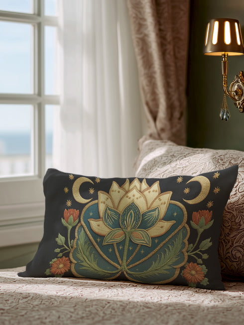 Lotus Lumbar Premium PillowA rectangular lumbar pillow in a dark, moody Art Nouveau style. The design features a large, central lotus flower in cream and teal, set against a deep navy blue background. The lotus is framed by intricate, flowing golden lines characteristic of the Art Nouveau period. On either side of the central flower are golden crescent moons and small stars, creating a celestial theme. The pillow has a visible, tactile texture that resembles a vintage linen or tapestry fabric.