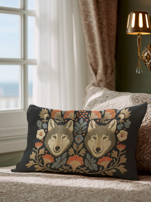 A rectangular black lumbar pillow, 12x20 inches, with a detailed symmetrical folk art print. The design features two forward-facing grey wolf heads in the center, flanked by intricate botanical elements. The color palette is moody and rustic, with flowers in burnt orange and cream, and leaves in slate blue and antique gold. The artwork has a faux embroidery, tapestry-style texture. This woodland animal accent cushion is made from a premium polyester fabric with a soft, linen feel.