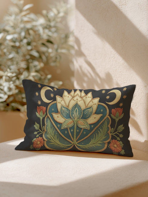 Lotus Lumbar Premium PillowA rectangular lumbar pillow in a dark, moody Art Nouveau style. The design features a large, central lotus flower in cream and teal, set against a deep navy blue background. The lotus is framed by intricate, flowing golden lines characteristic of the Art Nouveau period. On either side of the central flower are golden crescent moons and small stars, creating a celestial theme. The pillow has a visible, tactile texture that resembles a vintage linen or tapestry fabric.